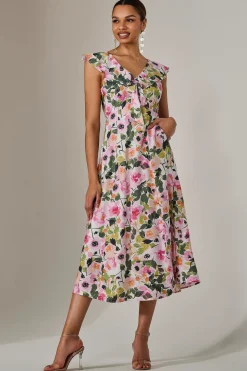 Frill V Neck Midaxi Dress, Multi Floral