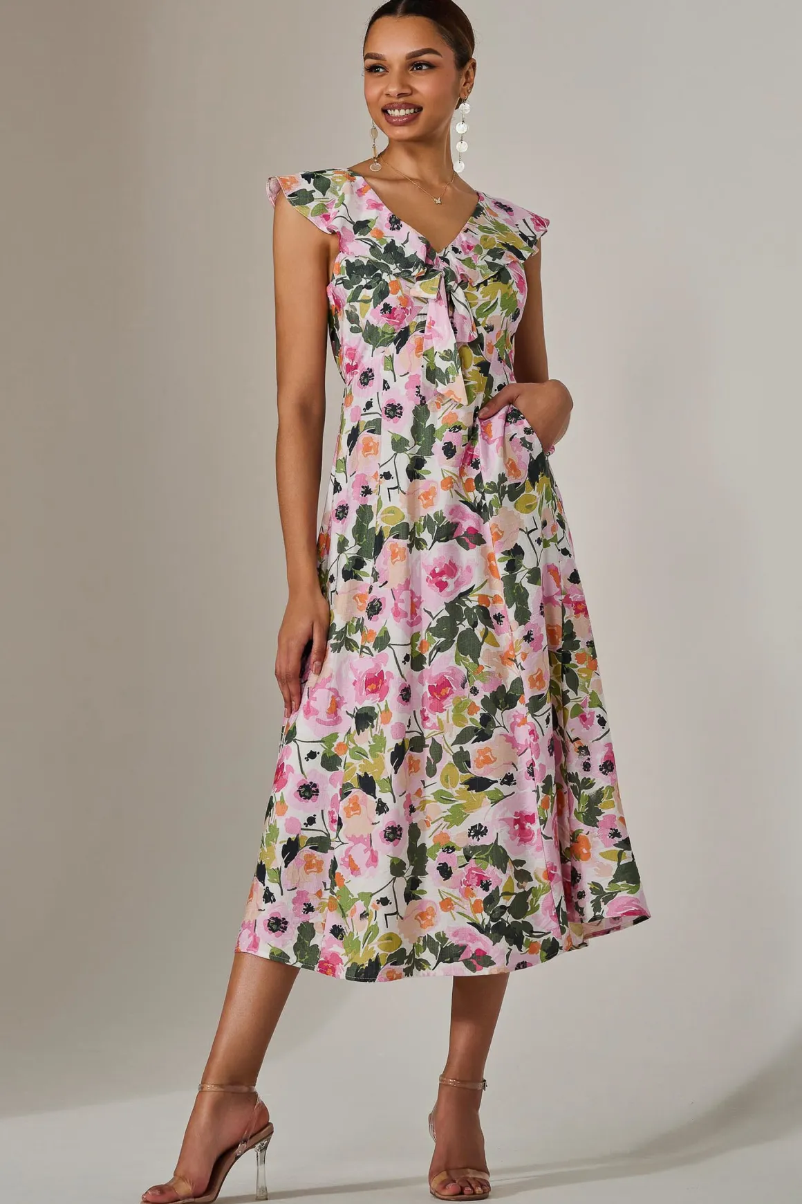 Frill V Neck Midaxi Dress, Multi Floral