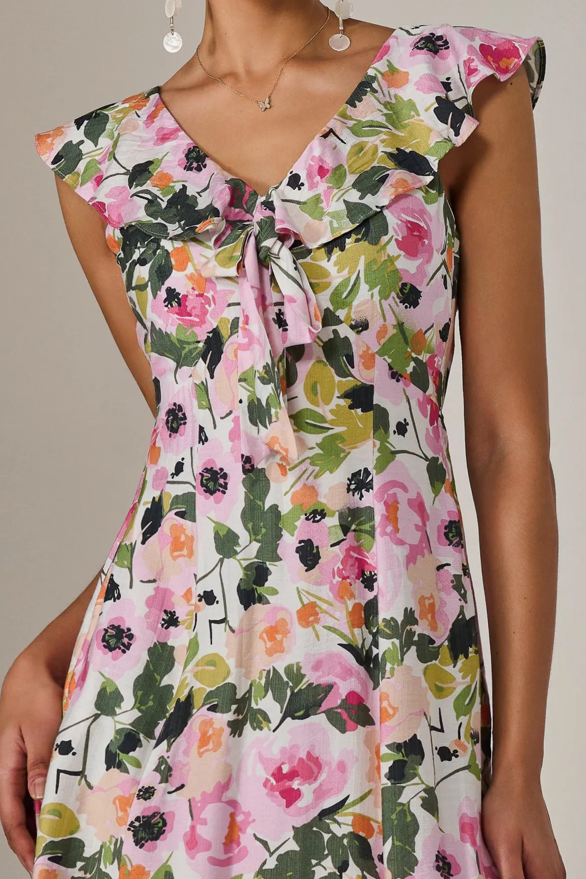 Frill V Neck Midaxi Dress, Multi Floral