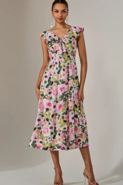 Frill V Neck Midaxi Dress, Multi Floral