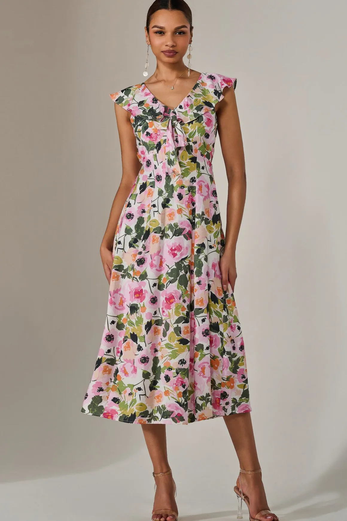Frill V Neck Midaxi Dress, Multi Floral