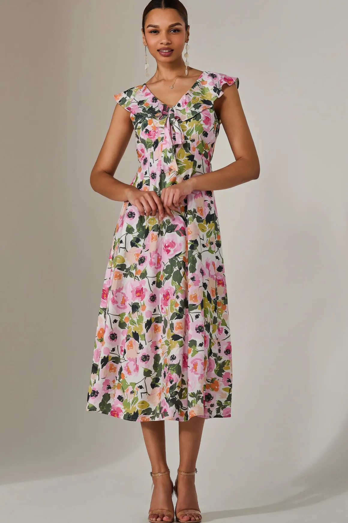 Frill V Neck Midaxi Dress, Multi Floral