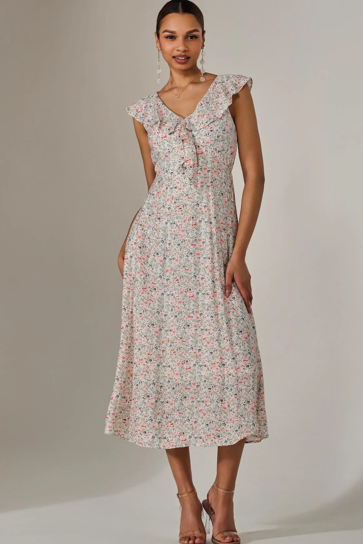 Frill V Neck Midaxi Dress, Pink Abstract