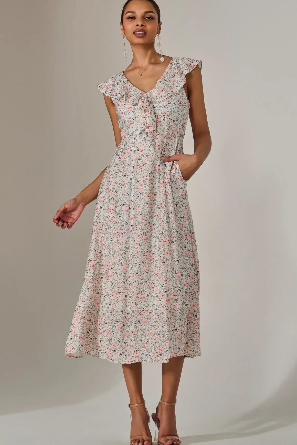 Frill V Neck Midaxi Dress, Pink Abstract