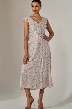 Frill V Neck Midaxi Dress, Pink Abstract