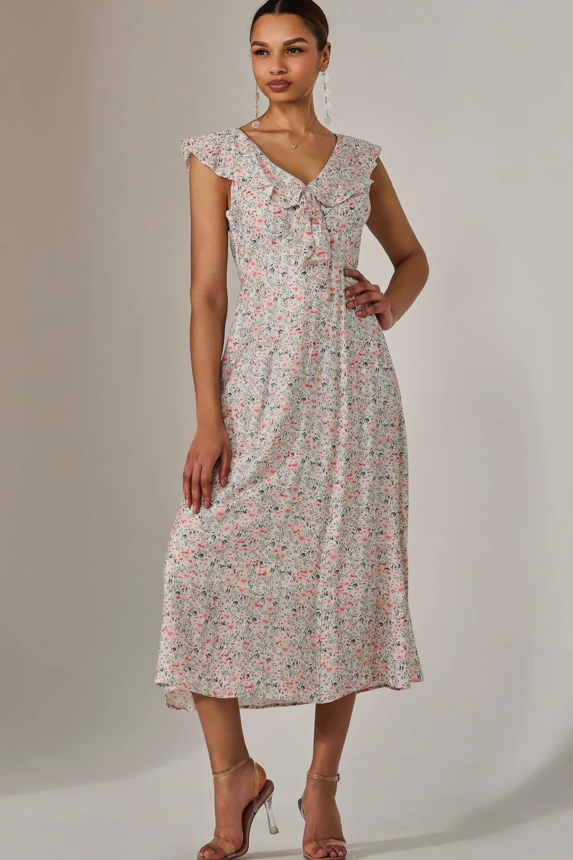 Frill V Neck Midaxi Dress, Pink Abstract