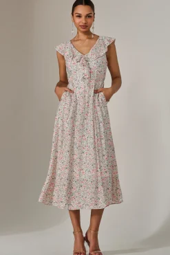 Frill V Neck Midaxi Dress, Pink Abstract