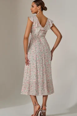 Frill V Neck Midaxi Dress, Pink Abstract