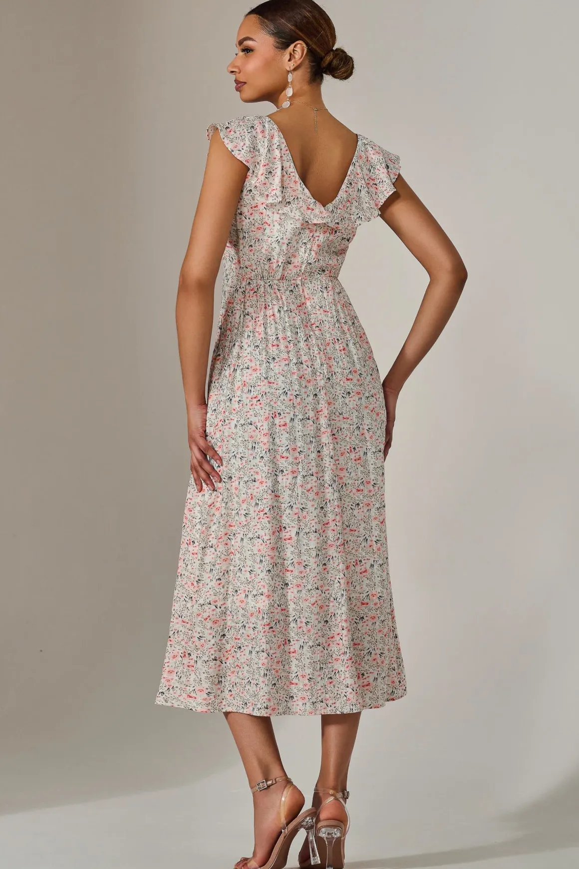 Frill V Neck Midaxi Dress, Pink Abstract