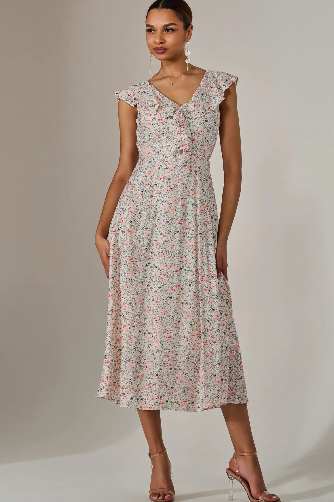 Frill V Neck Midaxi Dress, Pink Abstract