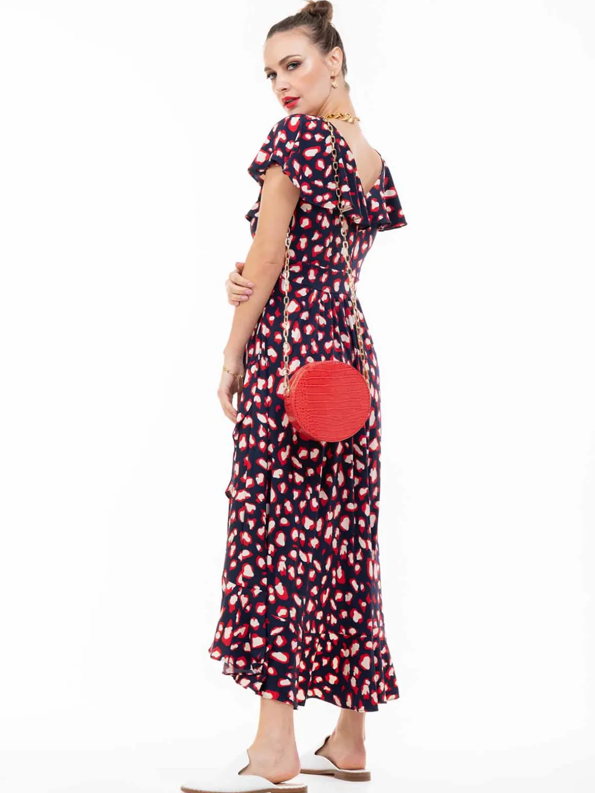 Frilly Midi Dress, Navy Animal