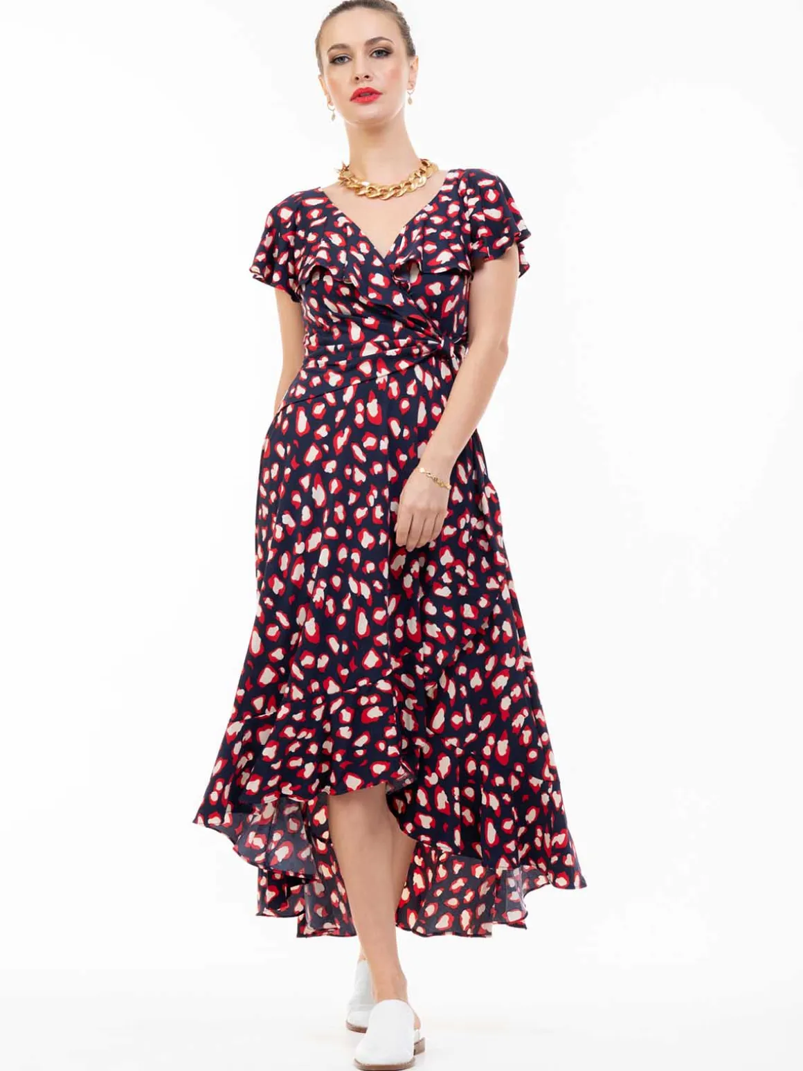 Frilly Midi Dress, Navy Animal