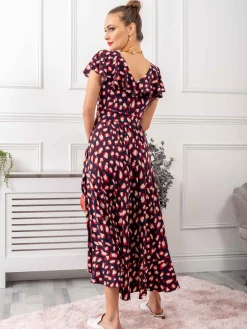 Frilly Midi Dress, Navy Animal