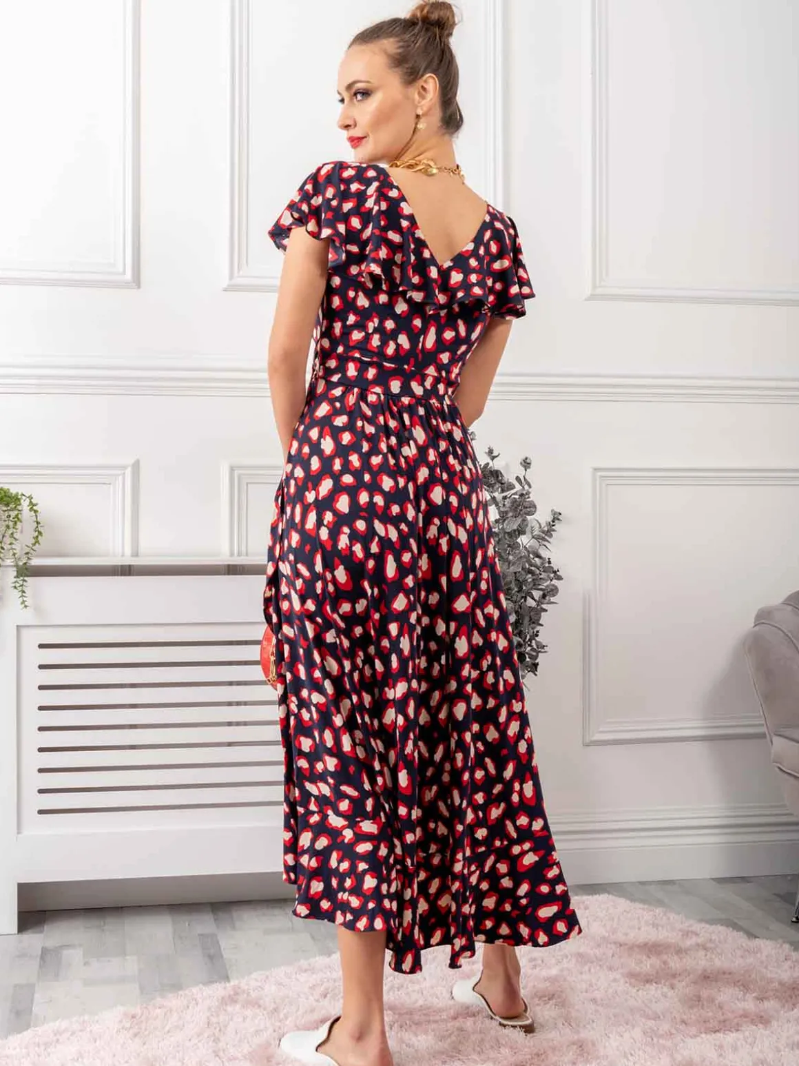 Frilly Midi Dress, Navy Animal
