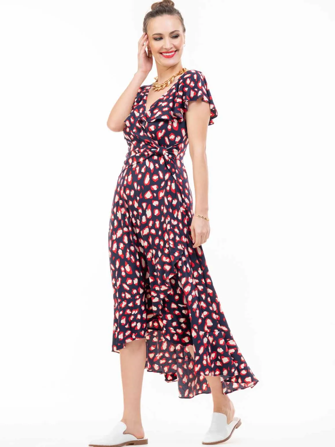 Frilly Midi Dress, Navy Animal