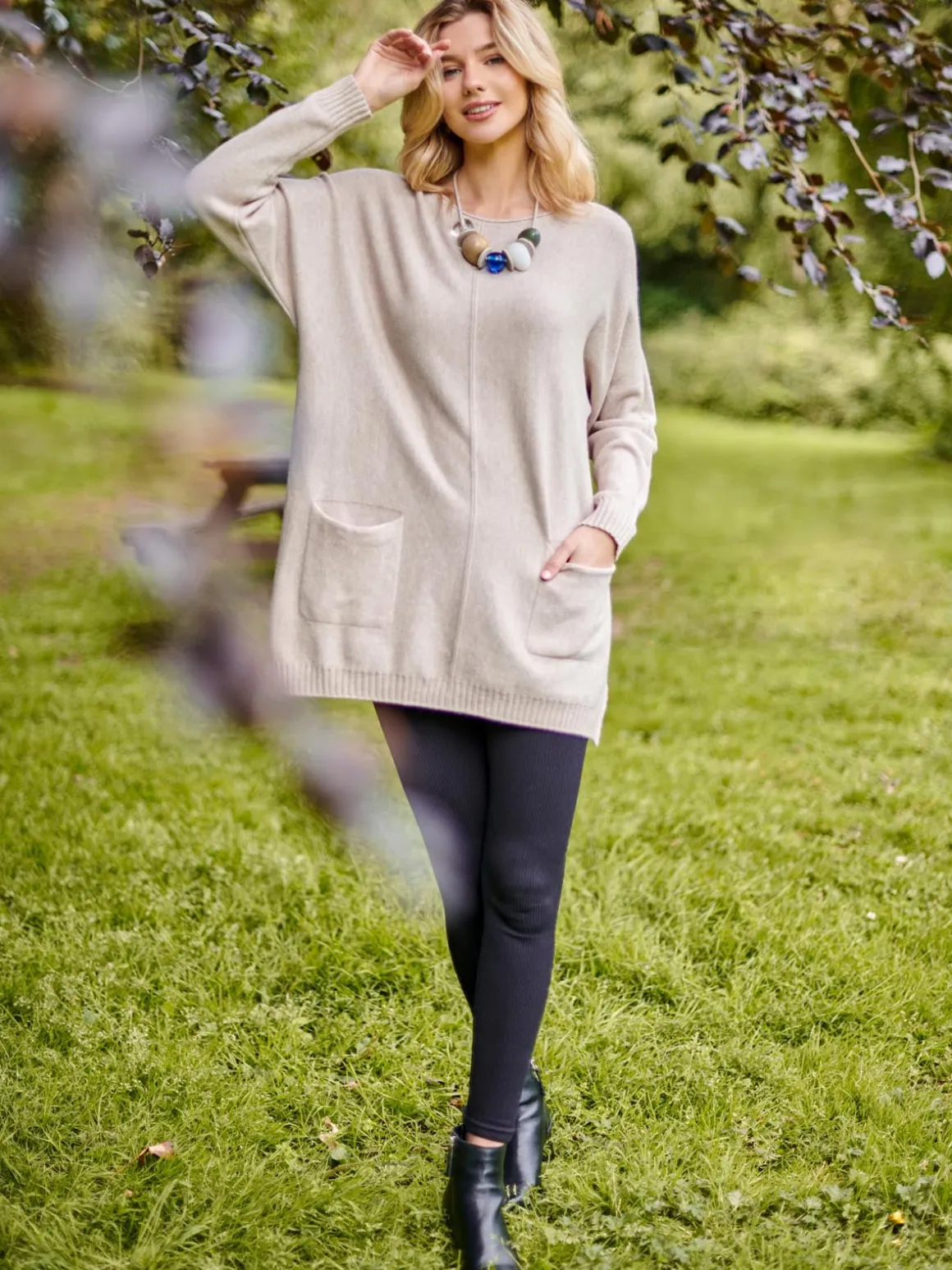 Front Pocket Loose Fit Knit Jumper, Sand Heather