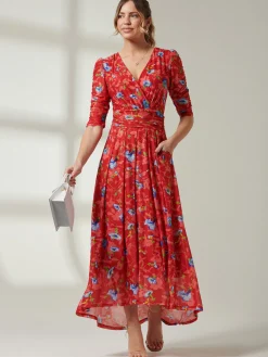 Gavina Ruched Sleeve Mesh Maxi Dress, Red Multi