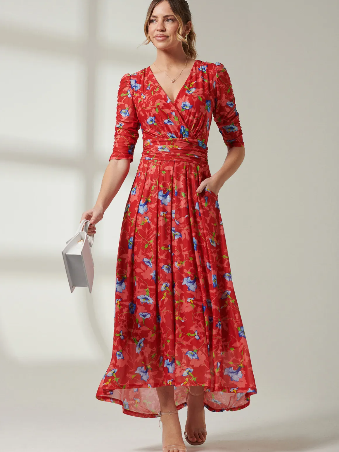 Gavina Ruched Sleeve Mesh Maxi Dress, Red Multi