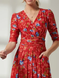 Gavina Ruched Sleeve Mesh Maxi Dress, Red Multi