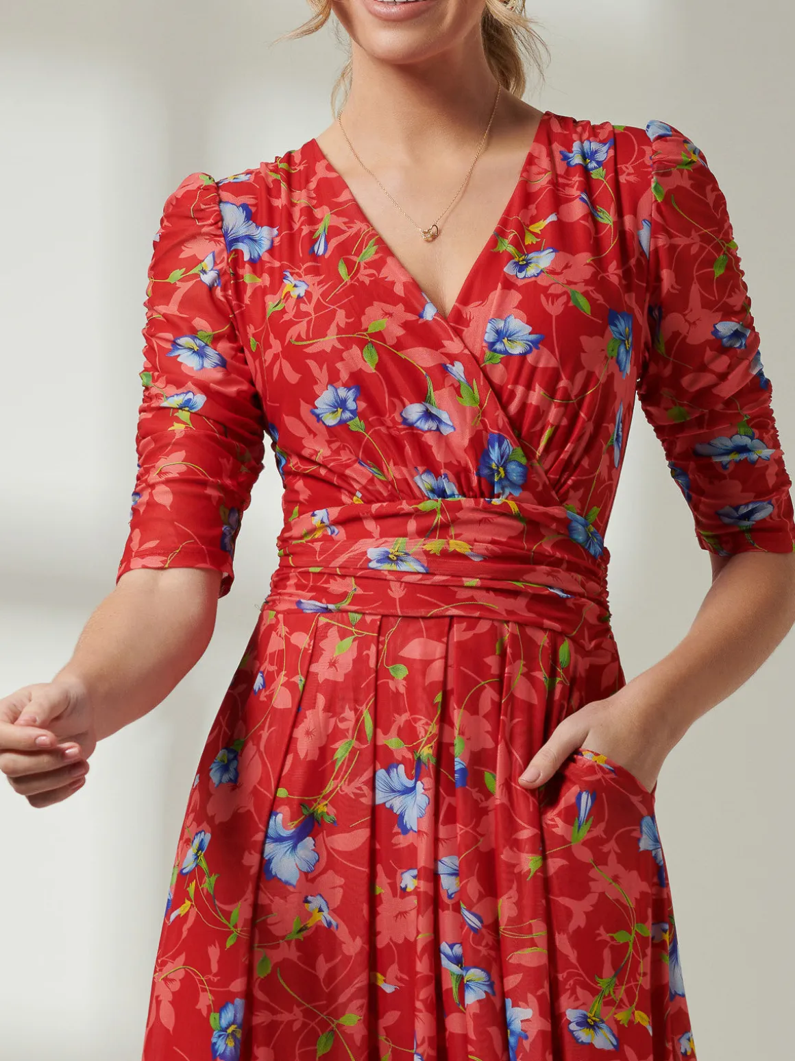 Gavina Ruched Sleeve Mesh Maxi Dress, Red Multi