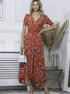 Gavina Ruched Sleeve Mesh Maxi Dress, Red Multi