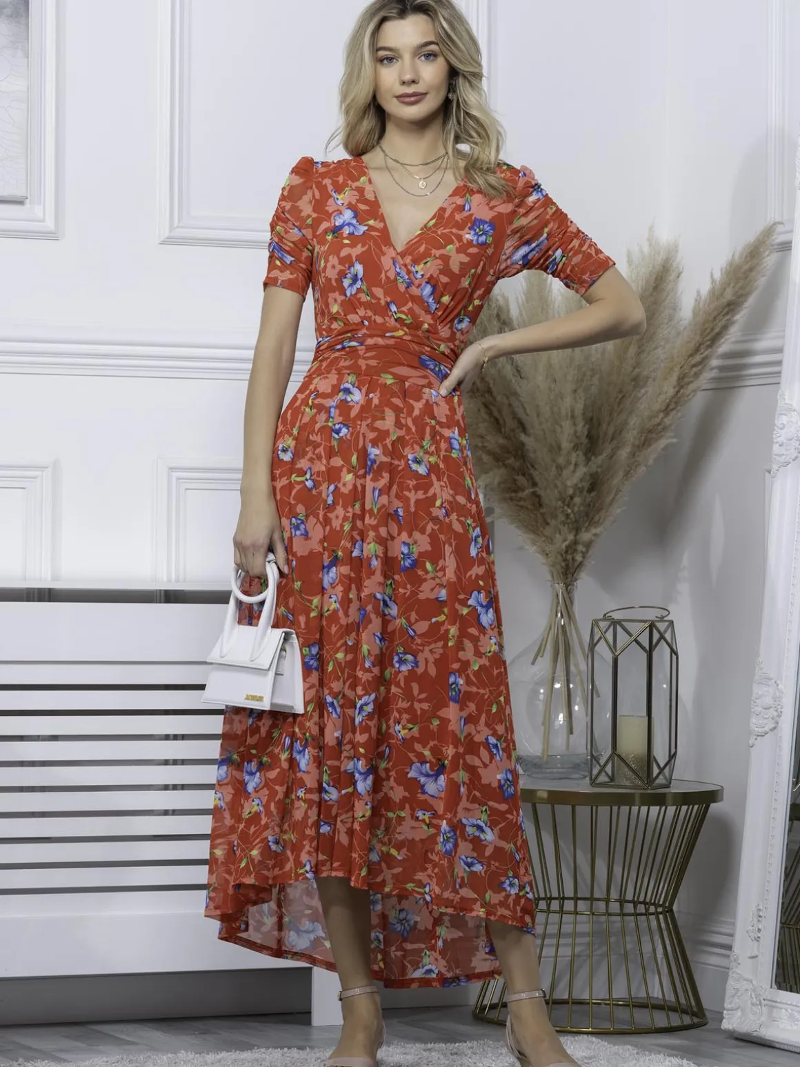 Gavina Ruched Sleeve Mesh Maxi Dress, Red Multi