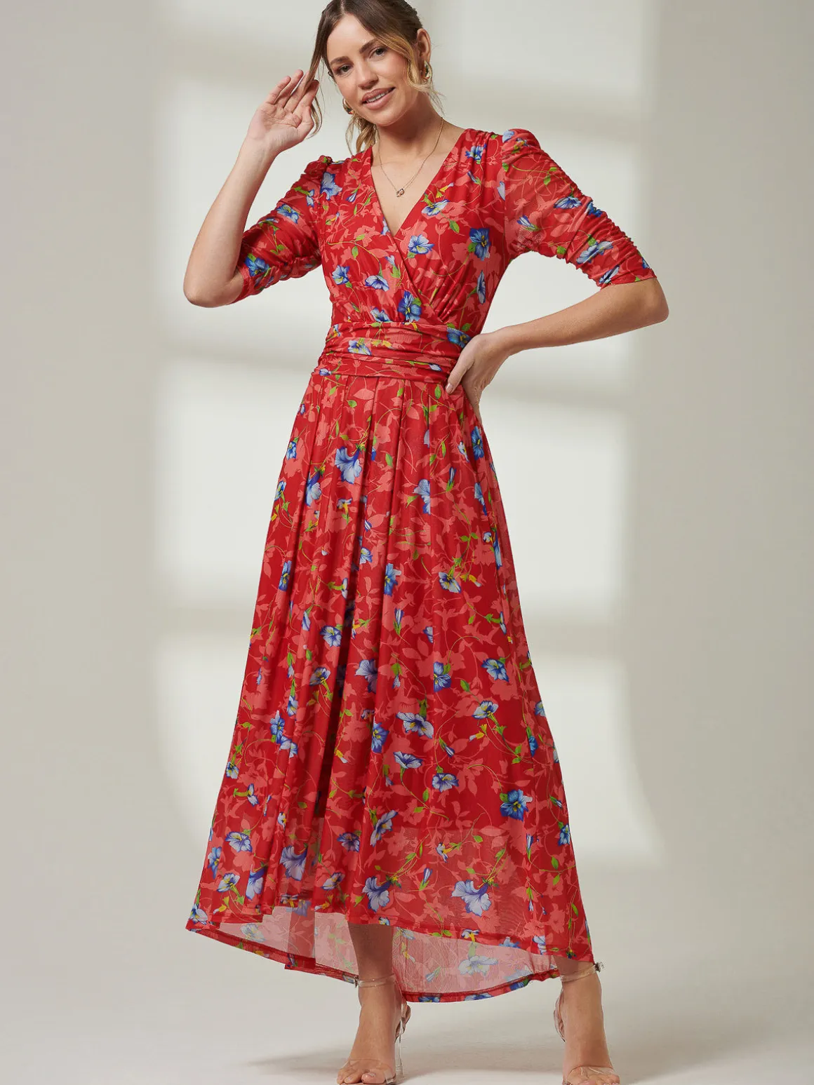 Gavina Ruched Sleeve Mesh Maxi Dress, Red Multi