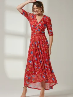 Gavina Ruched Sleeve Mesh Maxi Dress, Red Multi