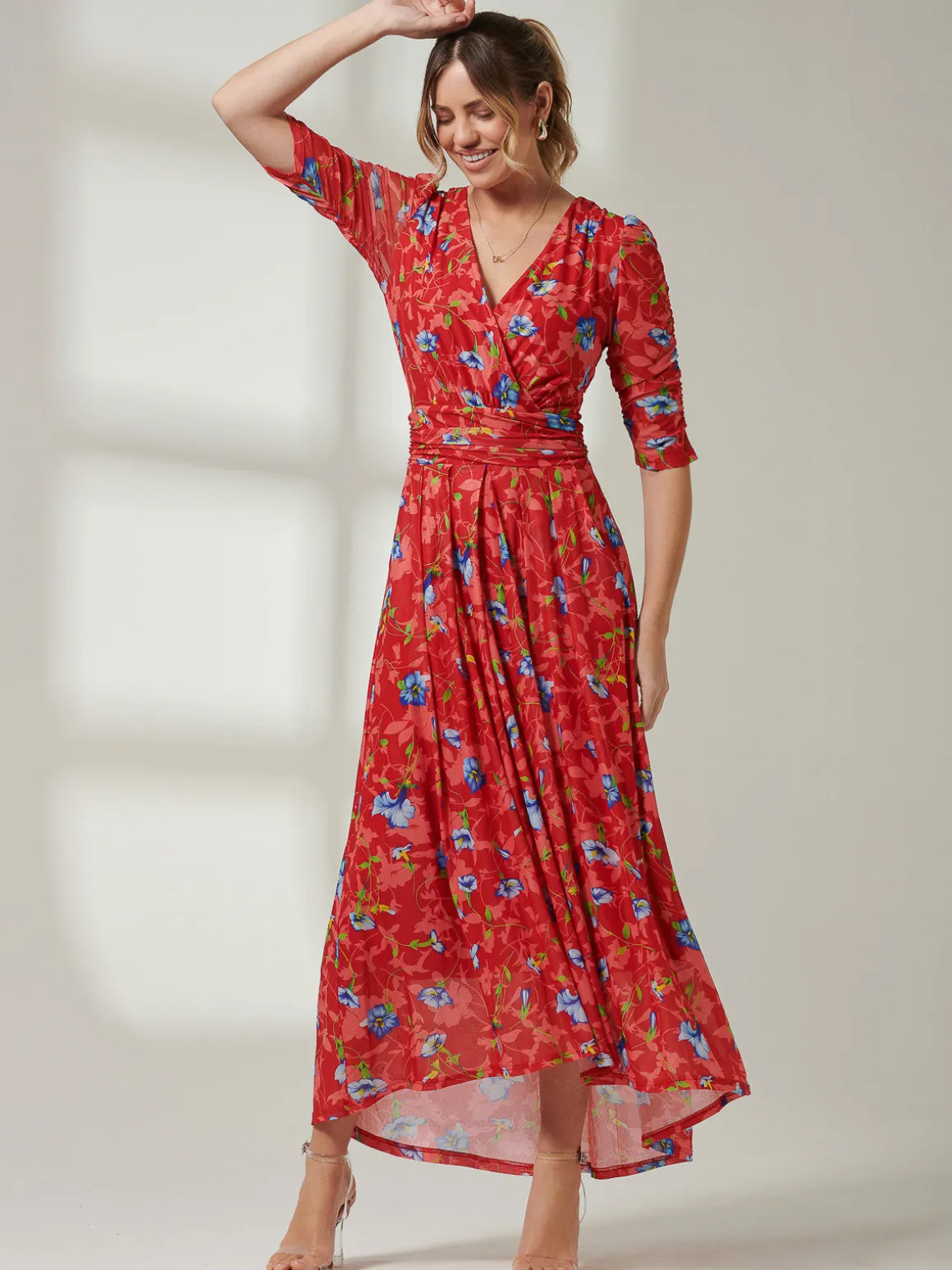 Gavina Ruched Sleeve Mesh Maxi Dress, Red Multi