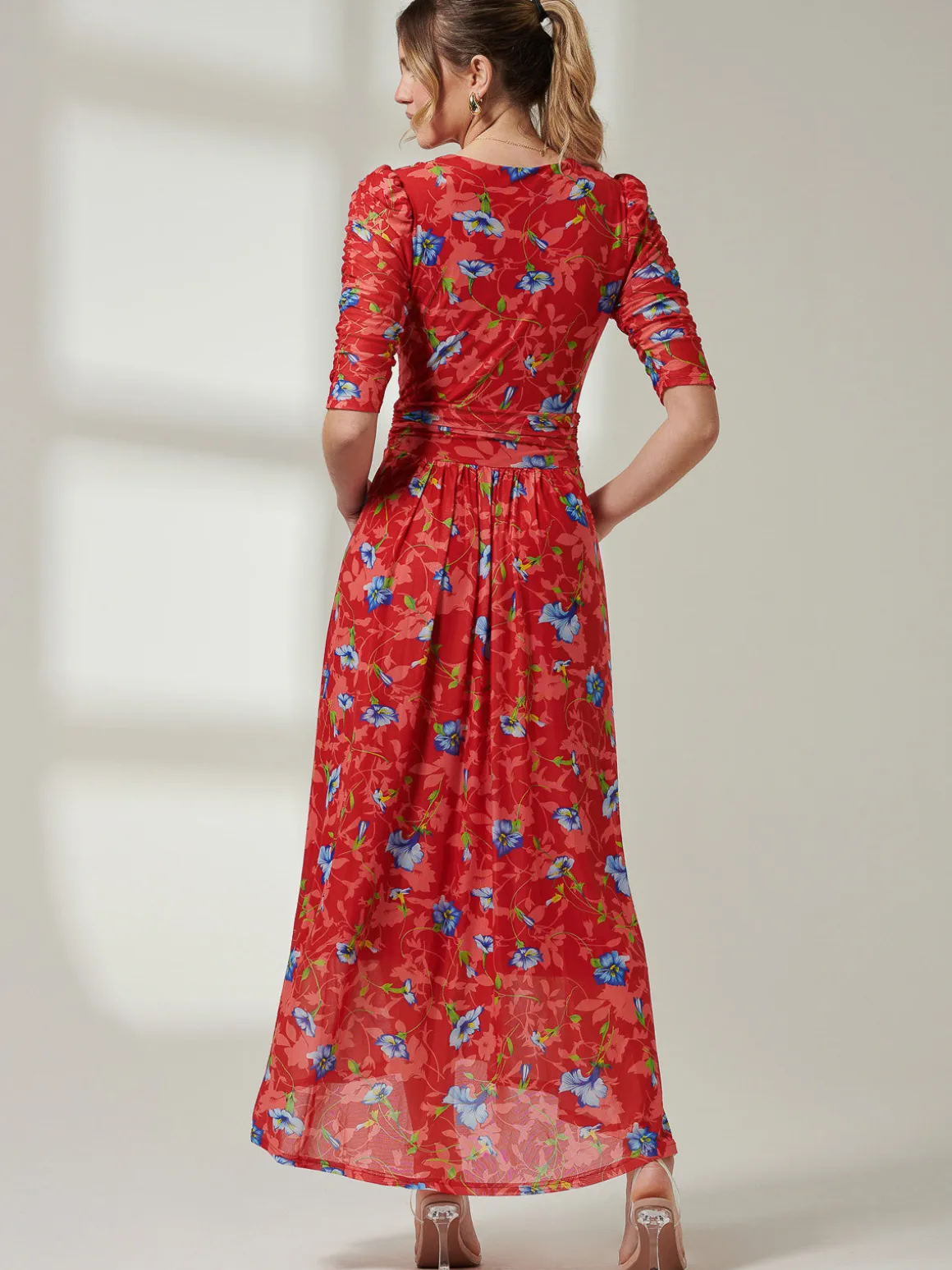 Gavina Ruched Sleeve Mesh Maxi Dress, Red Multi