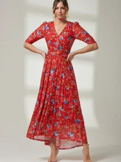 Gavina Ruched Sleeve Mesh Maxi Dress, Red Multi