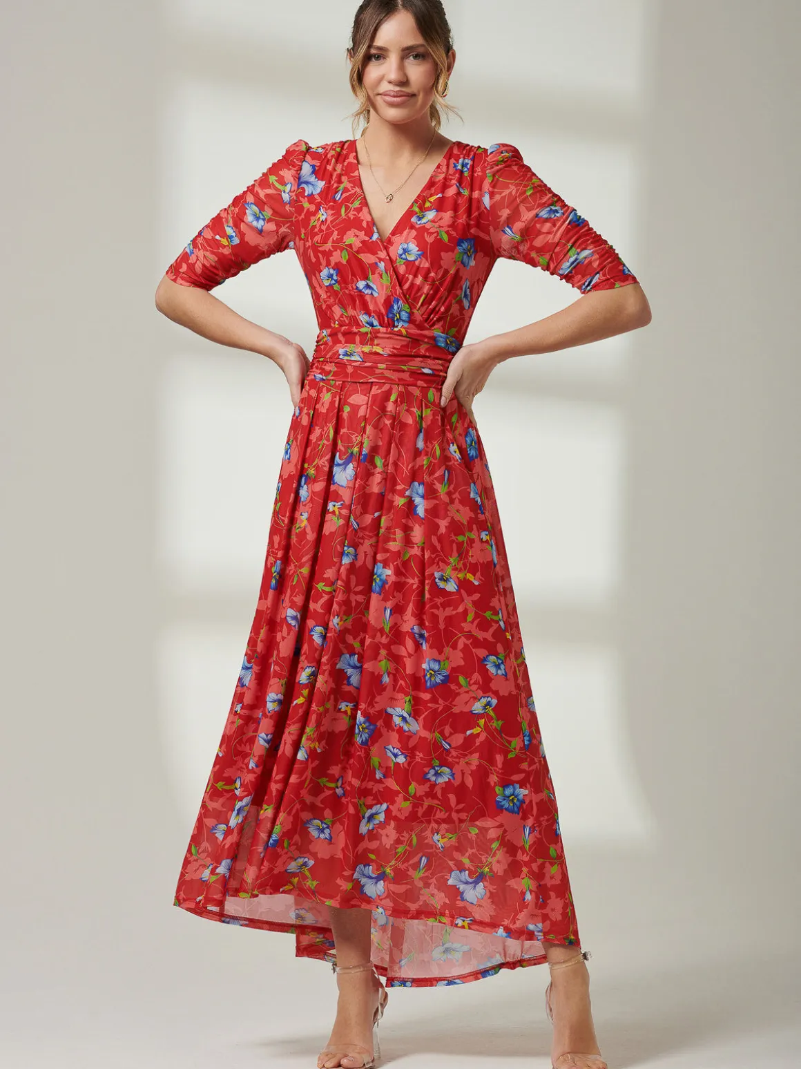 Gavina Ruched Sleeve Mesh Maxi Dress, Red Multi