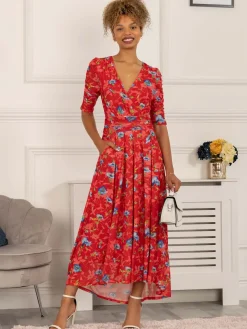 Gavina Ruched Sleeve Mesh Maxi Dress, Red Multi