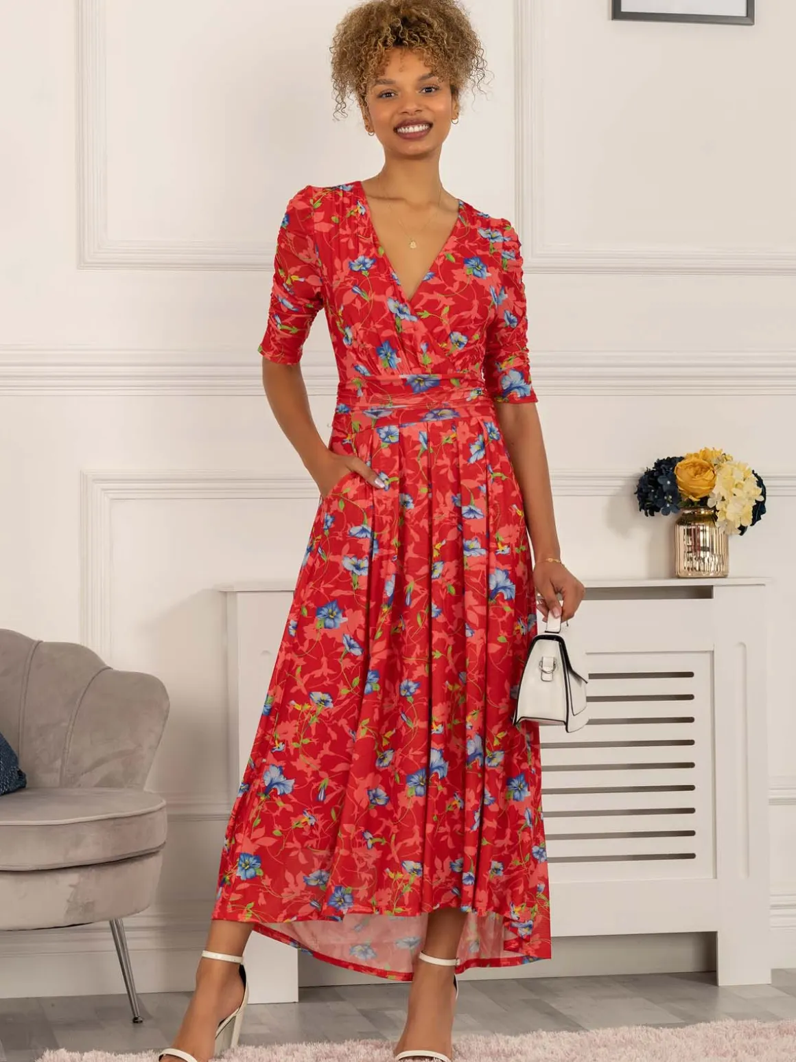 Gavina Ruched Sleeve Mesh Maxi Dress, Red Multi