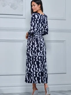 Geometric Print Long Sleeve Maxi Dress, Navy Geo