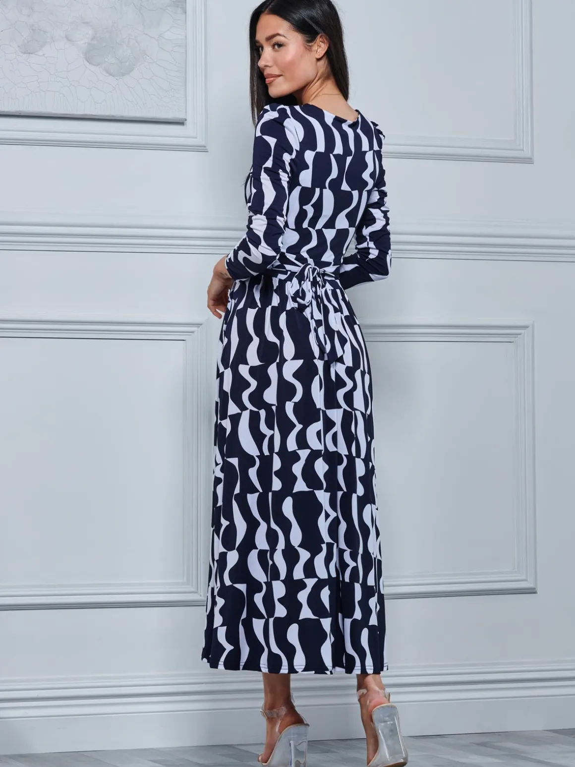 Geometric Print Long Sleeve Maxi Dress, Navy Geo