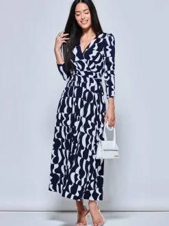 Geometric Print Long Sleeve Maxi Dress, Navy Geo
