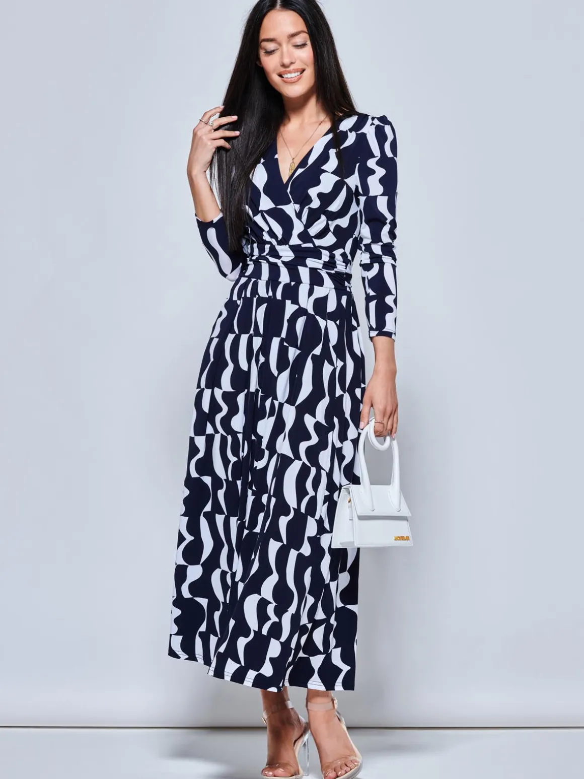 Geometric Print Long Sleeve Maxi Dress, Navy Geo