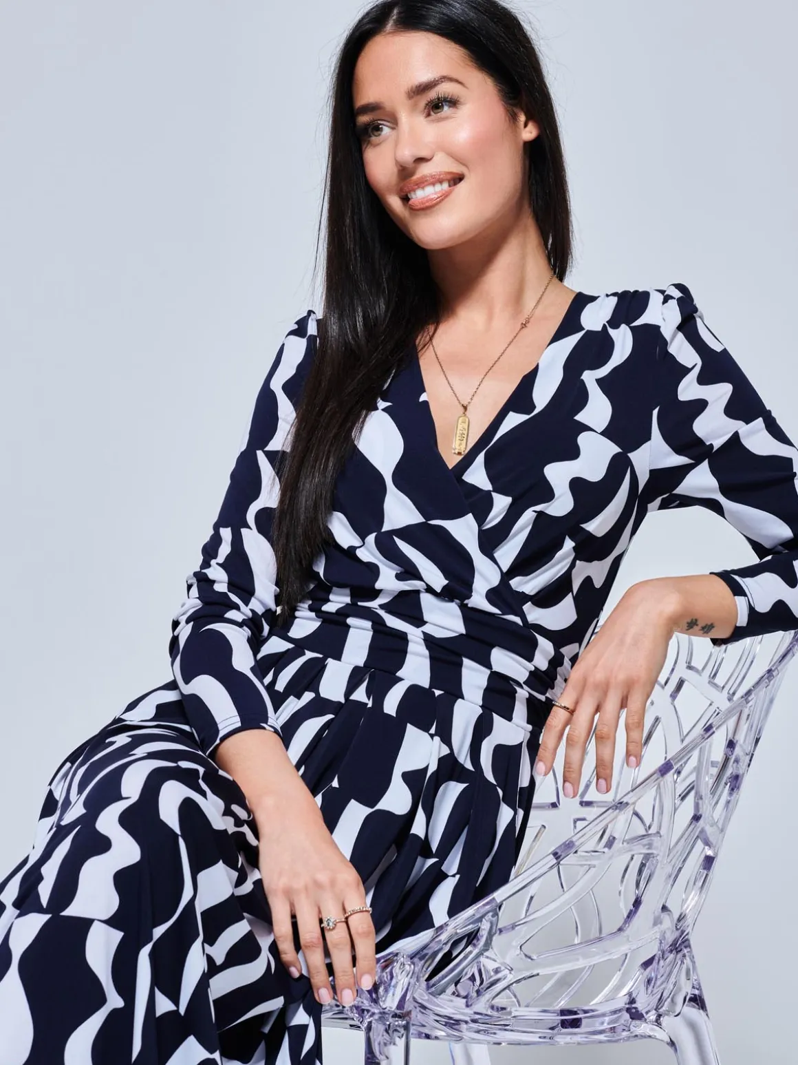 Geometric Print Long Sleeve Maxi Dress, Navy Geo
