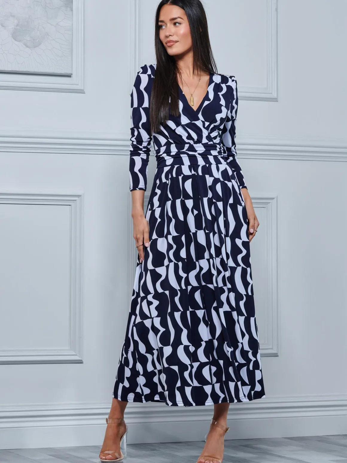 Geometric Print Long Sleeve Maxi Dress, Navy Geo