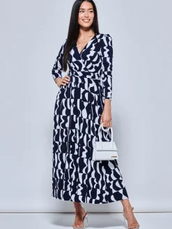 Geometric Print Long Sleeve Maxi Dress, Navy Geo