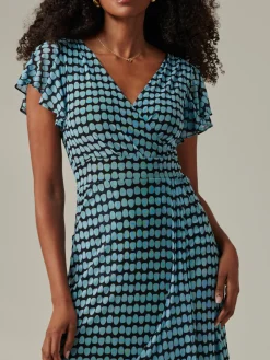 Geo Print Ruffle Hem Mesh Maxi Dress, Blue Geo