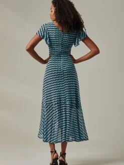 Geo Print Ruffle Hem Mesh Maxi Dress, Blue Geo