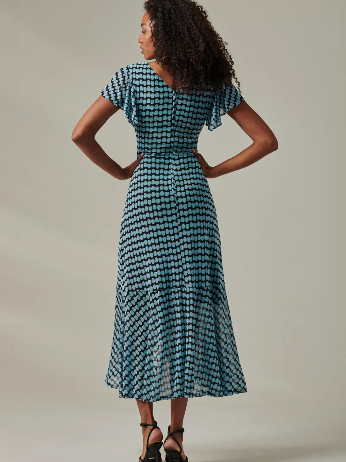 Geo Print Ruffle Hem Mesh Maxi Dress, Blue Geo
