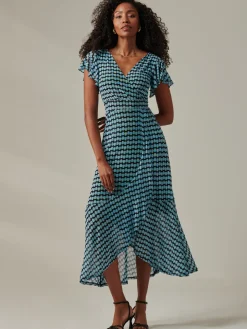 Geo Print Ruffle Hem Mesh Maxi Dress, Blue Geo