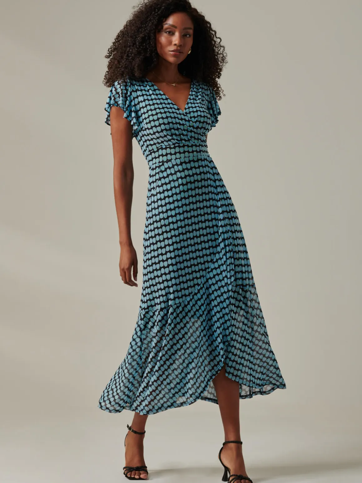 Geo Print Ruffle Hem Mesh Maxi Dress, Blue Geo