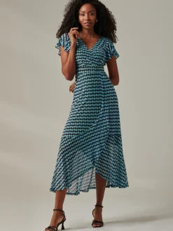 Geo Print Ruffle Hem Mesh Maxi Dress, Blue Geo