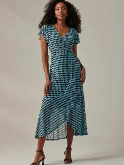 Geo Print Ruffle Hem Mesh Maxi Dress, Blue Geo