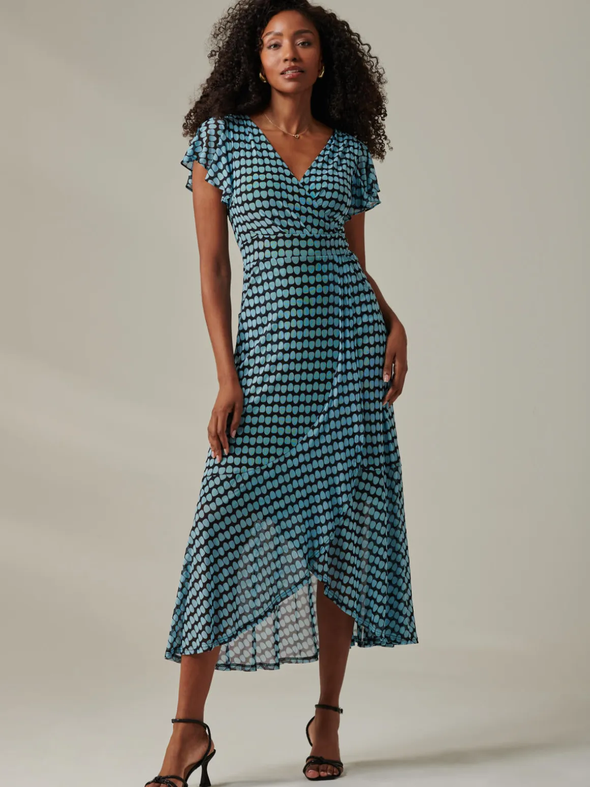 Geo Print Ruffle Hem Mesh Maxi Dress, Blue Geo