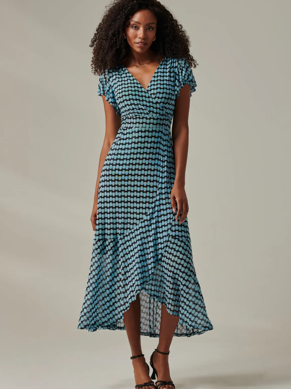 Geo Print Ruffle Hem Mesh Maxi Dress, Blue Geo